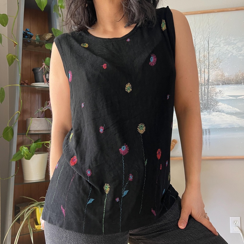 Vintage Slinky Top Black Embroidered Floral Sleeveless Blouse Minimalist Large - Picture 2 of 8